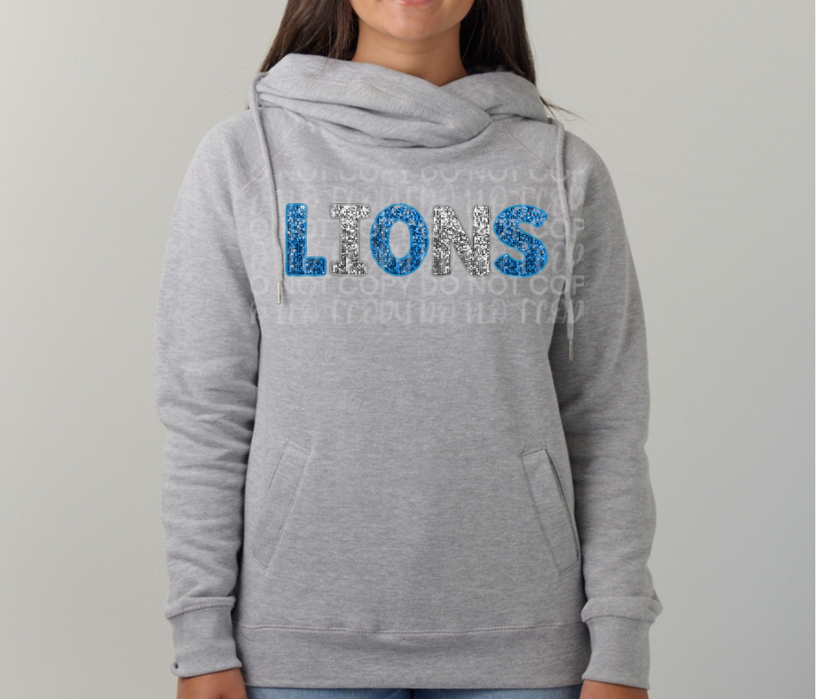 Lions Football Faux Glitter Word Cowl Neck Top Options One Pride