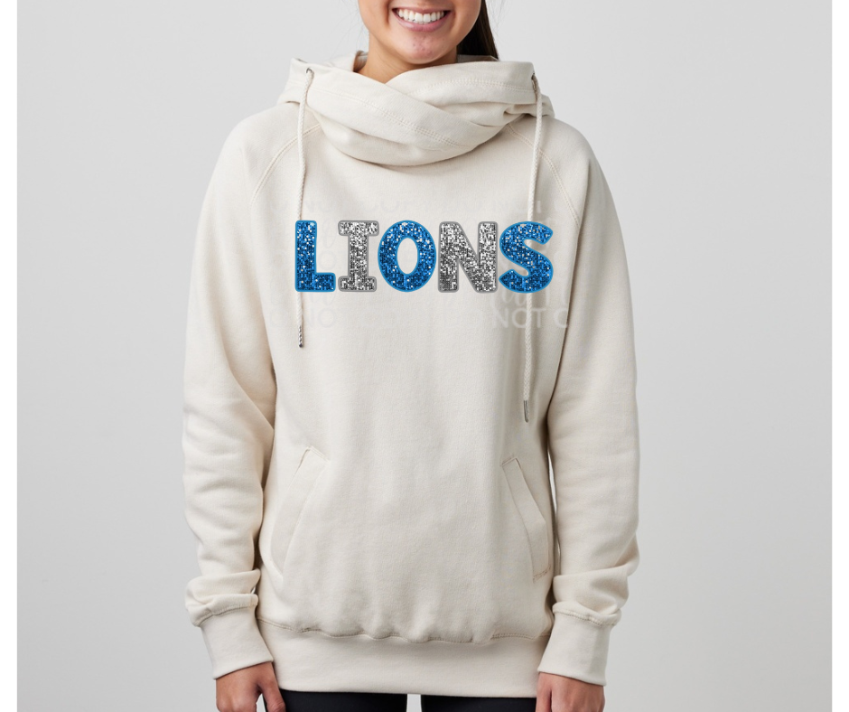 Lions Football Faux Glitter Word Cowl Neck Top Options One Pride