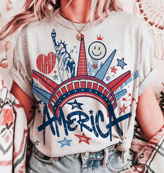 Lady Liberty Graffiti Art Cute Heart Smiley Stars 4th Red White & Blue American Pride America Freedom