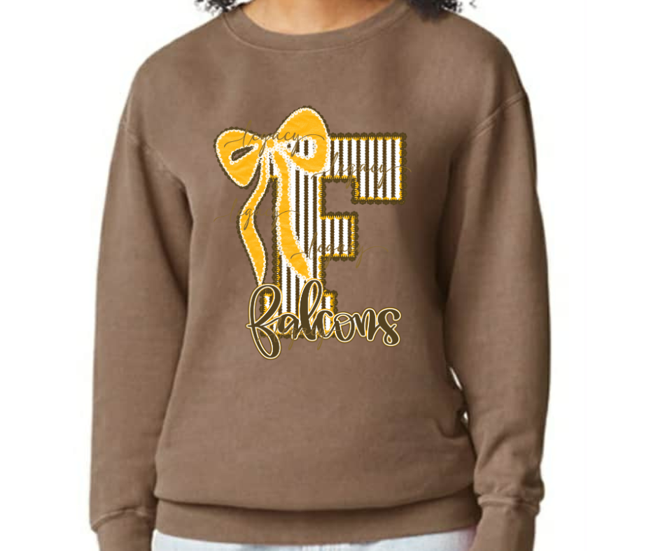 Falcons Cursive Big F Brown & Gold Bow Cutesy Cotton/Poly Blend Top Options