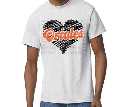 Orioles Scribble Heart Boho Cursive Baseball