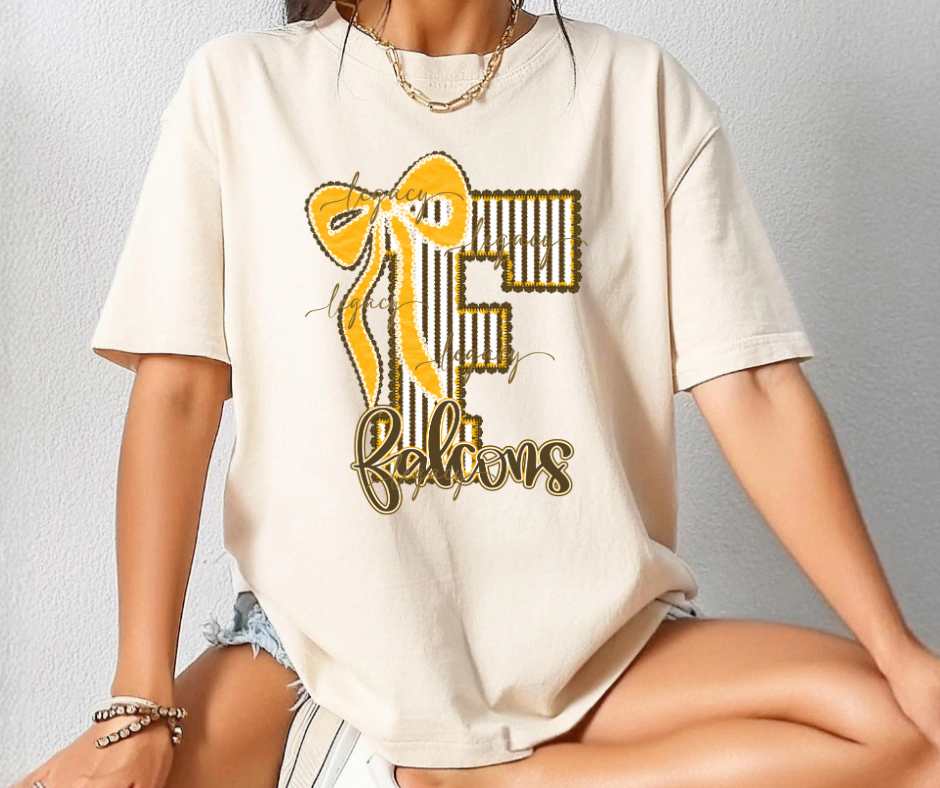 Falcons Cursive Big F Brown & Gold Bow Cutesy Cotton/Poly Blend Top Options
