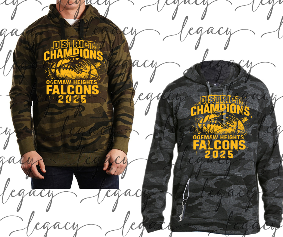 DISTRICT CHAMPS 2025 Falcon Football CAMO Hoodie Options